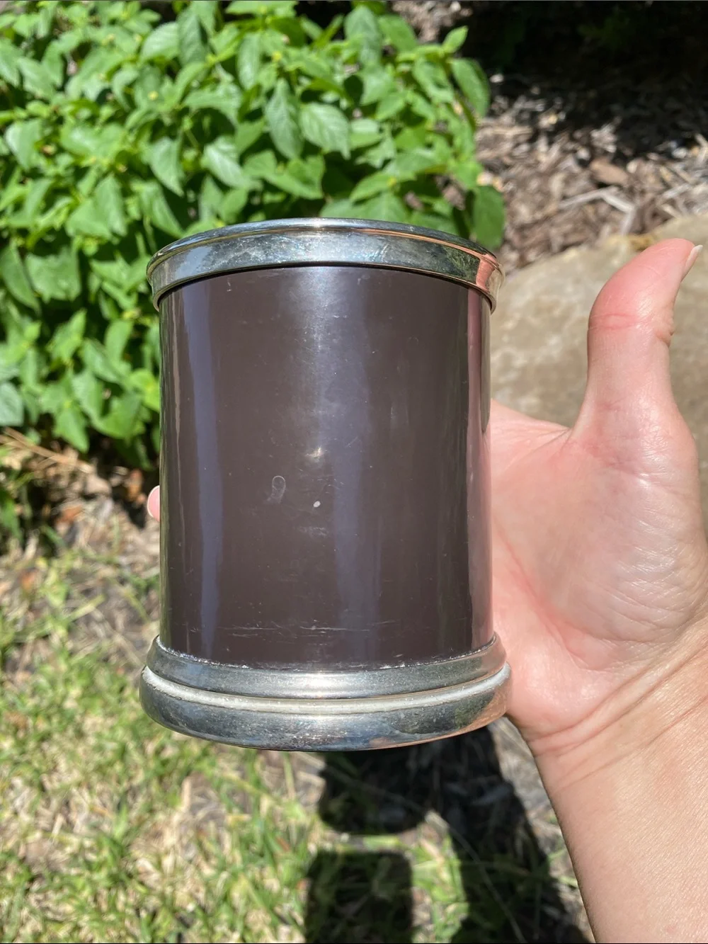 Classic Dark Brown Metal Decorative Holder with Silver Trim 4” high